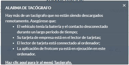 Aviso real «Alarma de tacógrafo» y enlace a la pantalla de gestión.