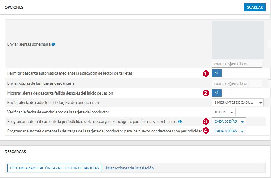 Opciones de alertas, copia automática y periodicidades de nuevas altas.