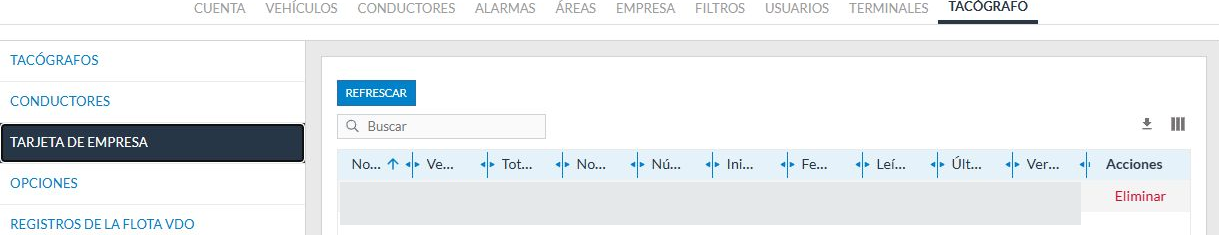 Lista de tarjetas de empresa y acceso a Refrescar.