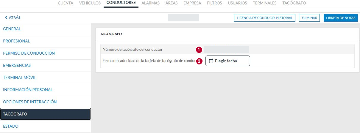 Ficha del conductor: número de tarjeta (1) y fecha de caducidad (2).